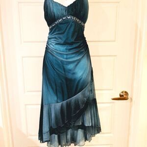 Vintage Y2K Blue Tie dye Sparkly Asymmetrical Midi Dress with Jewel details